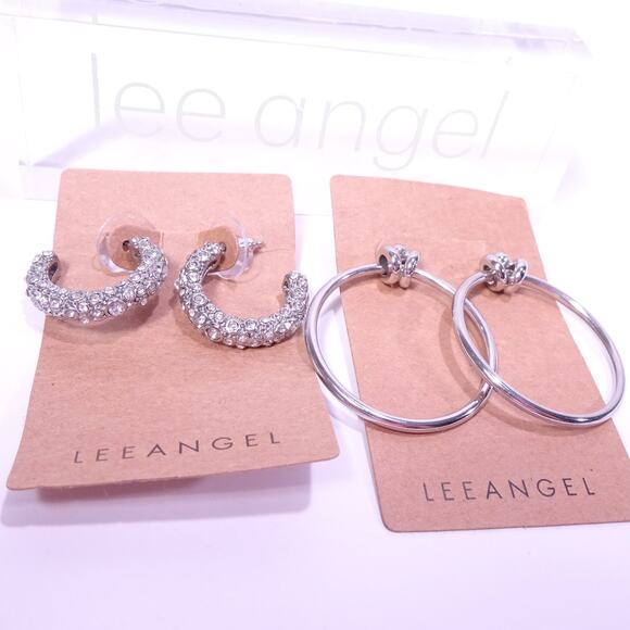 Neiman Marcus Lee Angel Chunky Crystal Pave Rings Hoop Earrings NWT 98 Ea Set 2 - Picture 5 of 5